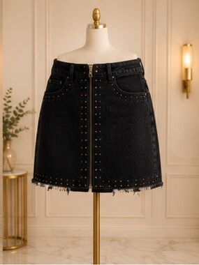 Black Studded Denim Mini Skirt with Front Zip